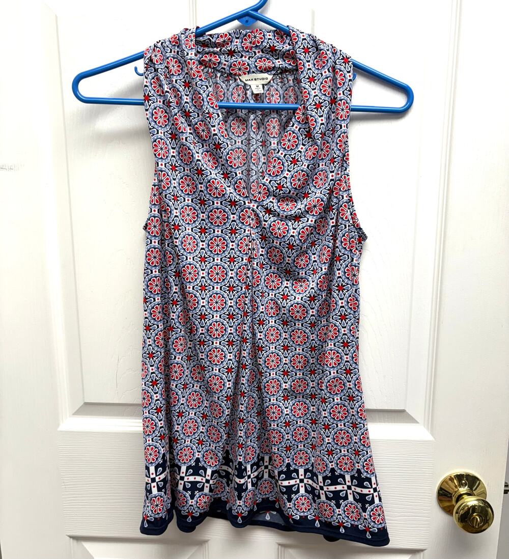 Max Studio Top Red White Blue Sleeveless Blouse, V Neck, Women's Size M